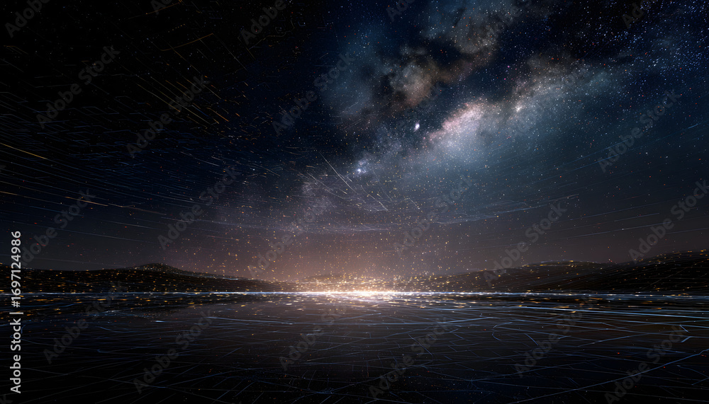 Fototapeta premium abstract landscape on a dark background, featuring ahi tech network grid that erges into a starry outer pace texture