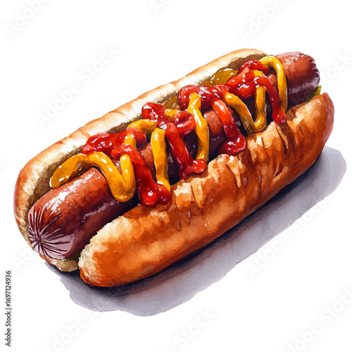 Hot Dog, watercolor painting vector, isolated on a white background.