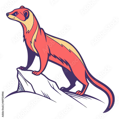 A colorful ferret standing on a rock is shown