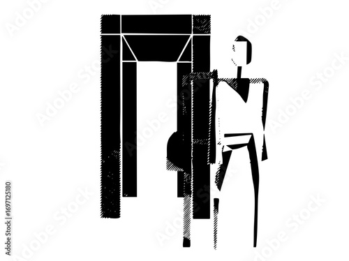 Vector Abstract figure walks beneath geometric structure.