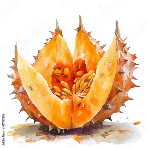Horned Melon, watercolor clipart vector, isolated on a white background.