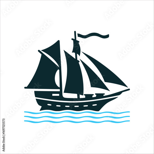 Phinisi Ship Silhouette on Blue Waves Hari Maritim Maritime Day Traditional Phinisi ship sail in oceanic teal