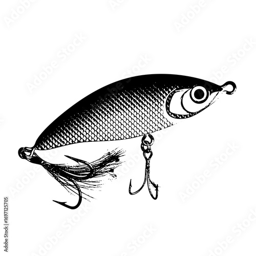 Vector Detailed of a fishing lure with hooks and feathered tail.