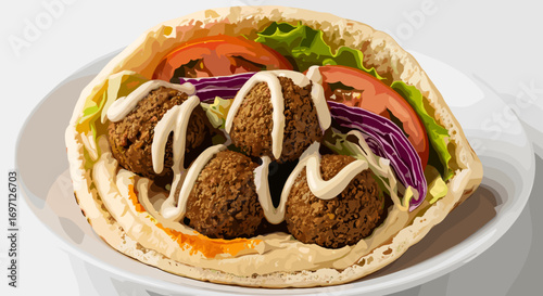 Close up of a pita bread filled with falafel balls, lettuce, tomato, and red cabbage on a white plate