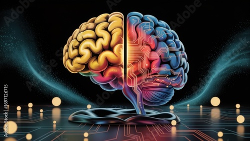 Anatomical brain model showcasing the contrast between logical and creative hemispheres with neural network connections and digital enhancement
