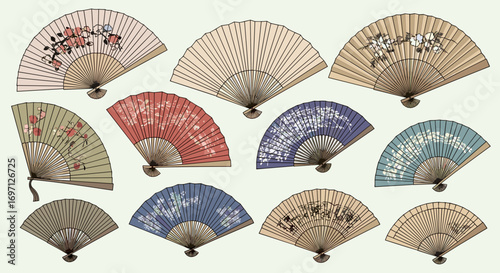 Collection of twelve decorative hand fans with various colors and floral designs in a grid pattern