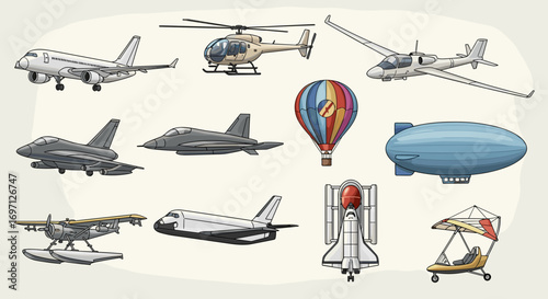 Collection of various aircraft including airplanes, helicopters, balloons, and space shuttles shown together