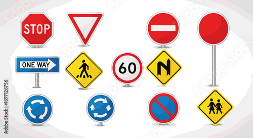 Collection of various road signs including stop yield one way pedestrian crossing and roundabout signs
