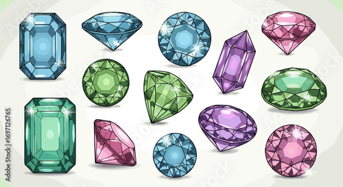 Illustration of a collection of colorful gemstones with various cuts and shapes arranged on a light background