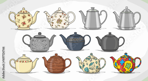 Collection of diverse teapots showcasing various designs and materials arranged in neat rows and columns