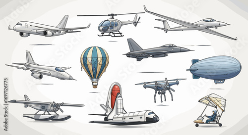 Illustration showcasing various forms of air transportation including planes helicopters and balloons and more