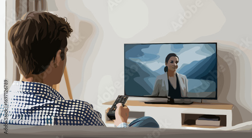 A person sits on a couch holding a remote control watching a woman on a television screen at home relaxing