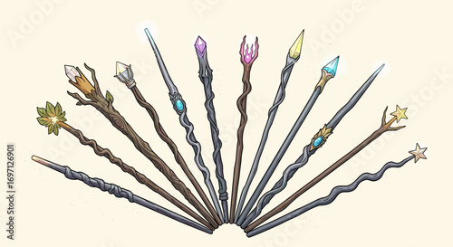 A collection of ten uniquely designed wands with crystal and star embellishments on a light background