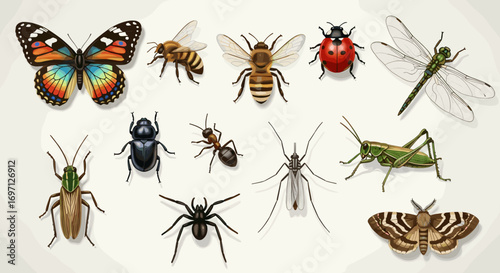 Assortment of twelve various insects including a butterfly, bees, ladybug, dragonfly, and other bugs