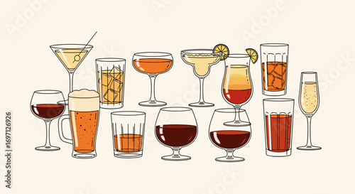 Illustration showcasing a diverse assortment of alcoholic beverages in various elegant glassware styles