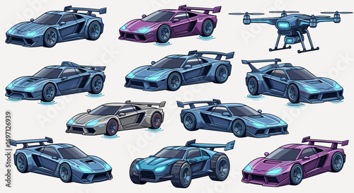 Illustration of a collection of futuristic flying cars and a drone against a white background space age theme