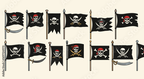 Collection of pirate flags with skull and crossbones designs waving on poles and some with swords and bandanas