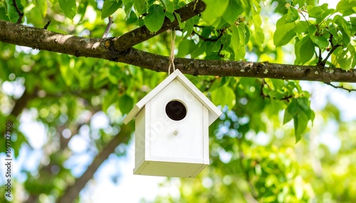 White birdhouse hangs from tree branch