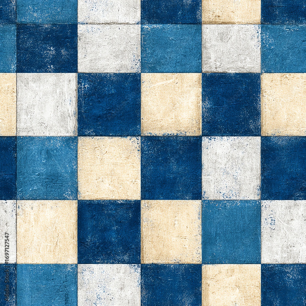 Fototapeta premium vintage distressed checkerboard pattern in navy blue and cream, grunge texture, worn-out retro style, seamless tiled background