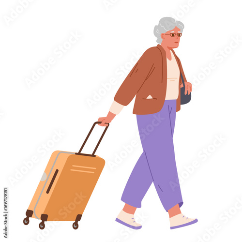 Senior woman walking with a suitcase flat vector illustration isolated on white.