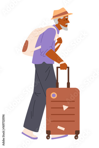 Senior African American man walking with a suitcase and a backpack flat vector illustration isolated on white.