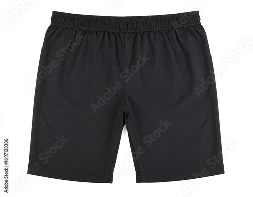 Plain black athletic shorts with elastic waistband isolated on white background