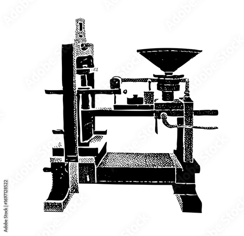 Vector Vintage printing press with hopper and crank handle.