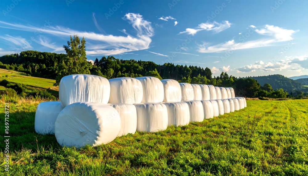 Obraz premium Hay bales wrapped in plastic on a hillside