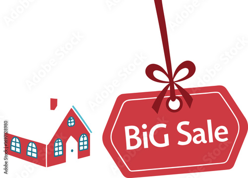 House for Sale Promotion Graphic with Animated House and Big Sale Tag, Vector Illustration