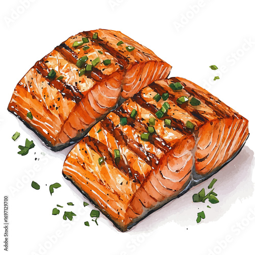watercolor vector of Grilled Salmon, isolated on a white background.