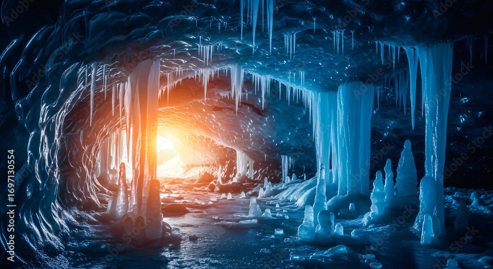 Obraz premium Icy cave scene, with a mix of realistic and artistic elements. The back of the cave is illuminated by a bright, warm light, contrasting with the cool blue tones of the ice.