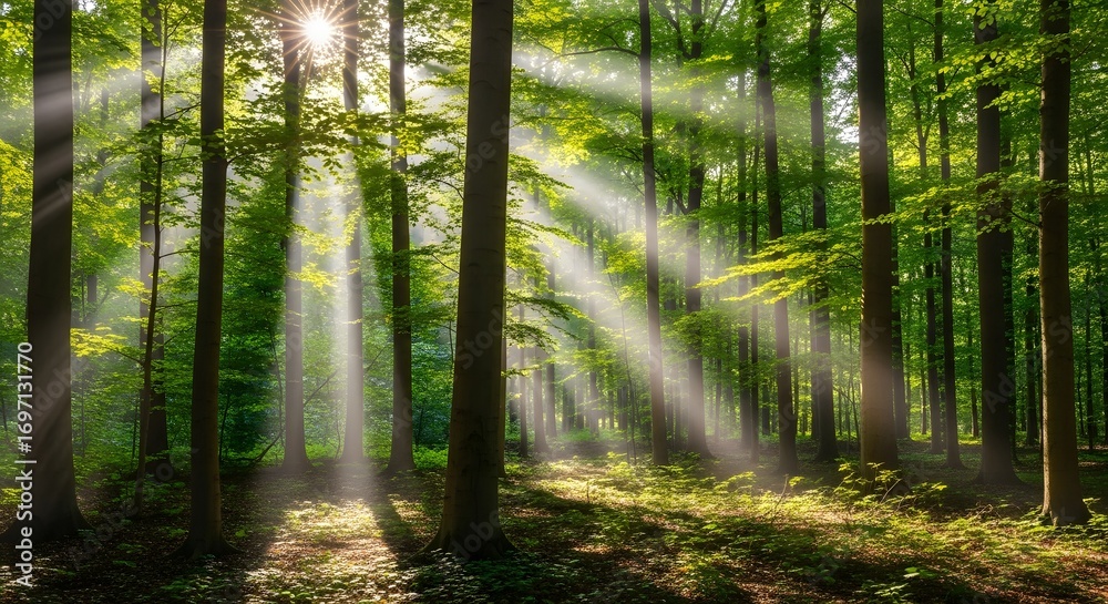 Obraz premium Sun Rays Breaking Through a Dense Forest