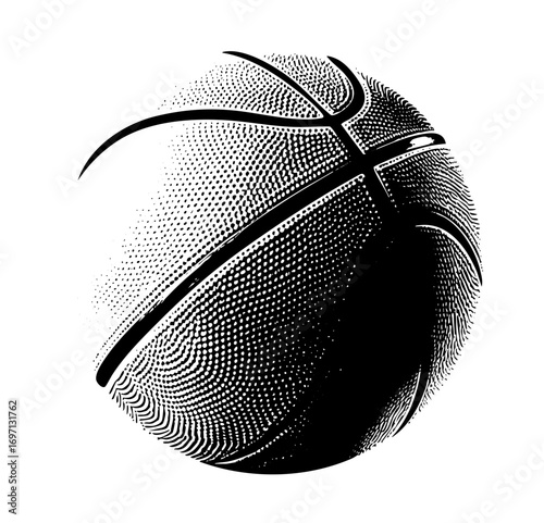 Vector Detailed basketball with textured surface and curved lines.