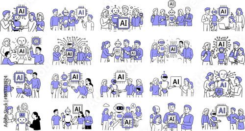 AI chip, Machine learning and man woman. Business team with robot. Flat vector set illustration.