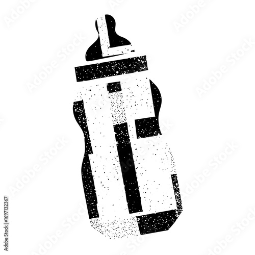 Vector Distressed monochrome of a baby bottle.