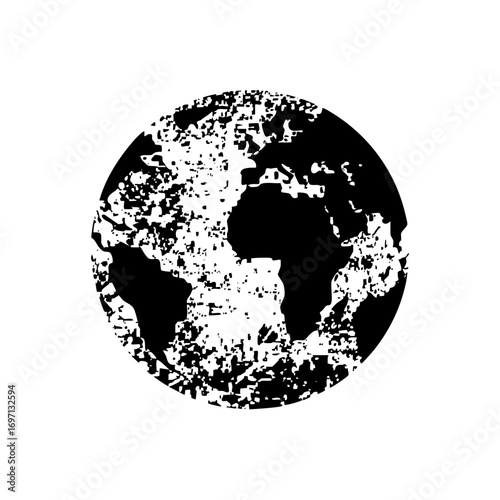 Vector Abstract globe depicts continents and oceans in a distressed vector style.