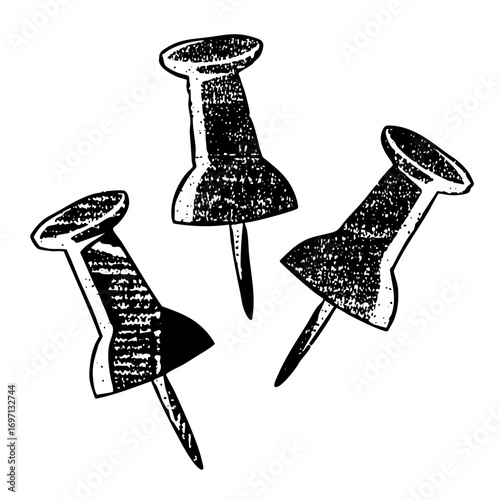Vector Three detailed push pins illustrate office supplies.