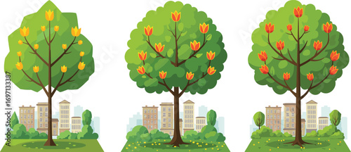 Colorful tulip trees in urban park setting with city buildings, blooming flowers, spring landscape, green foliage, modern nature scene