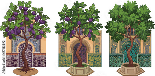Illustration of fig trees with fruits in front of ornate mosaic walls, Mediterranean garden, exotic landscape, cultural botanical art scene