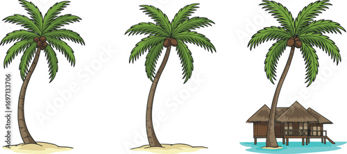 Palm trees on sandy beach, tropical island, coconut palms, beach hut, ocean water, summer vacation, tropical paradise, nature illustration