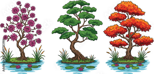 Stylized flowering, green, and autumn trees on small islands, water lilies, serene pond, seasonal nature, vibrant colors, peaceful landscape illustration