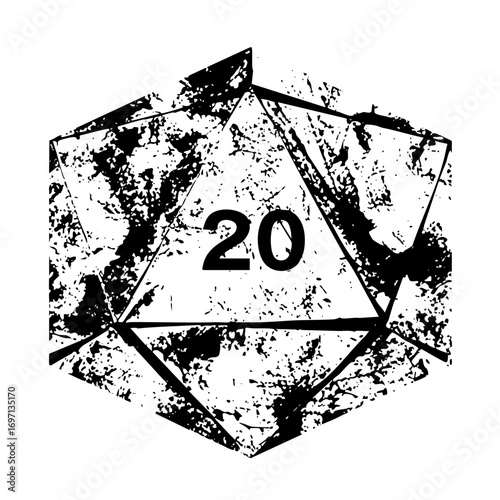 Vector Distressed twenty-sided die with bold numeral.
