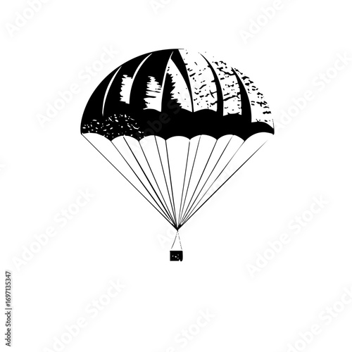 Vector Black and white of a descending parachute with a cargo container.