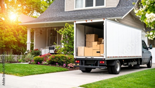Open moving truck in driveway of suburban house
