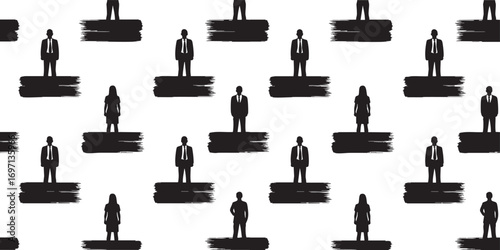 Seamless pattern of black silhouettes of business people standing on brush strokes isolated on white background isolated background