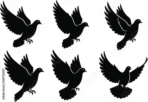 Silhouette birds flying in sky, black dove shapes, pigeon flight motion, wildlife freedom concept, nature migration pattern, graceful wing positions