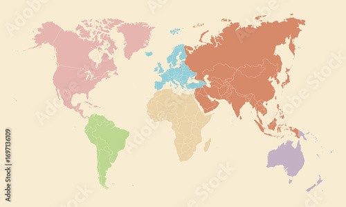 Simple World map. Color-coded continent World map. Vector template for infographic and teaching.