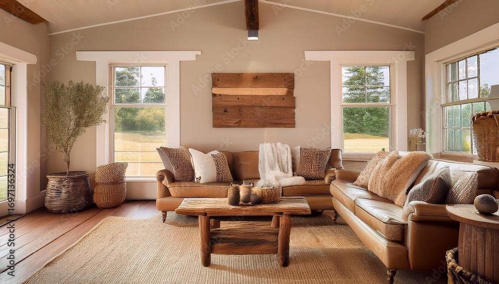 Fototapeta premium cozy farmhouse inspired living room with rustic elegance