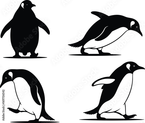 Black and white penguin illustrations, cartoon style penguin drawings, cute penguin clipart, walking penguin poses, animal character design art