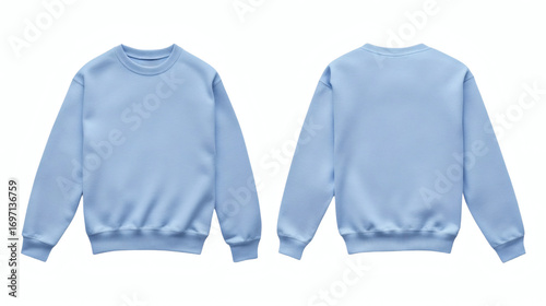Plain light blue sweater mockup, front and back views, ideal for design presentations, customization, branding, isolated on white background